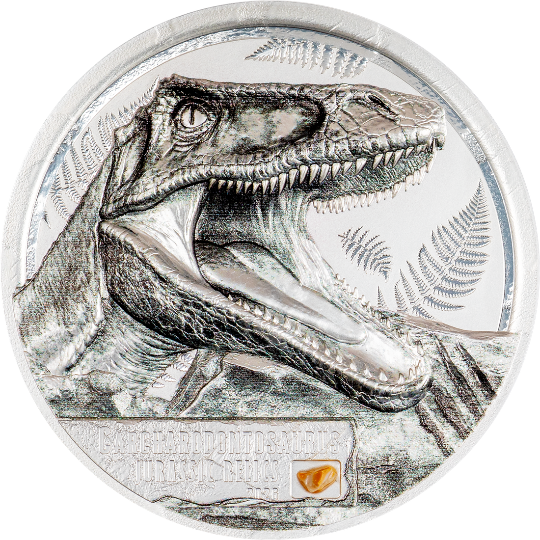 Moneda de Plata 1 oz Reliquias Jurásicas – Carcharodontosaurus Islas Cook 2026