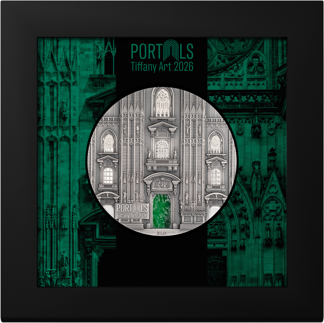 Moneda de Plata 3 oz Tiffany Art Portals – Milán & Praga Islas Cook 2026 reverso